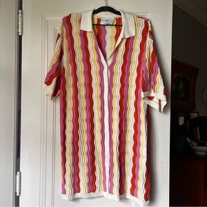 Vintage-Inspired Striped Mini Shirt Dress - Pink, Red & Yellow